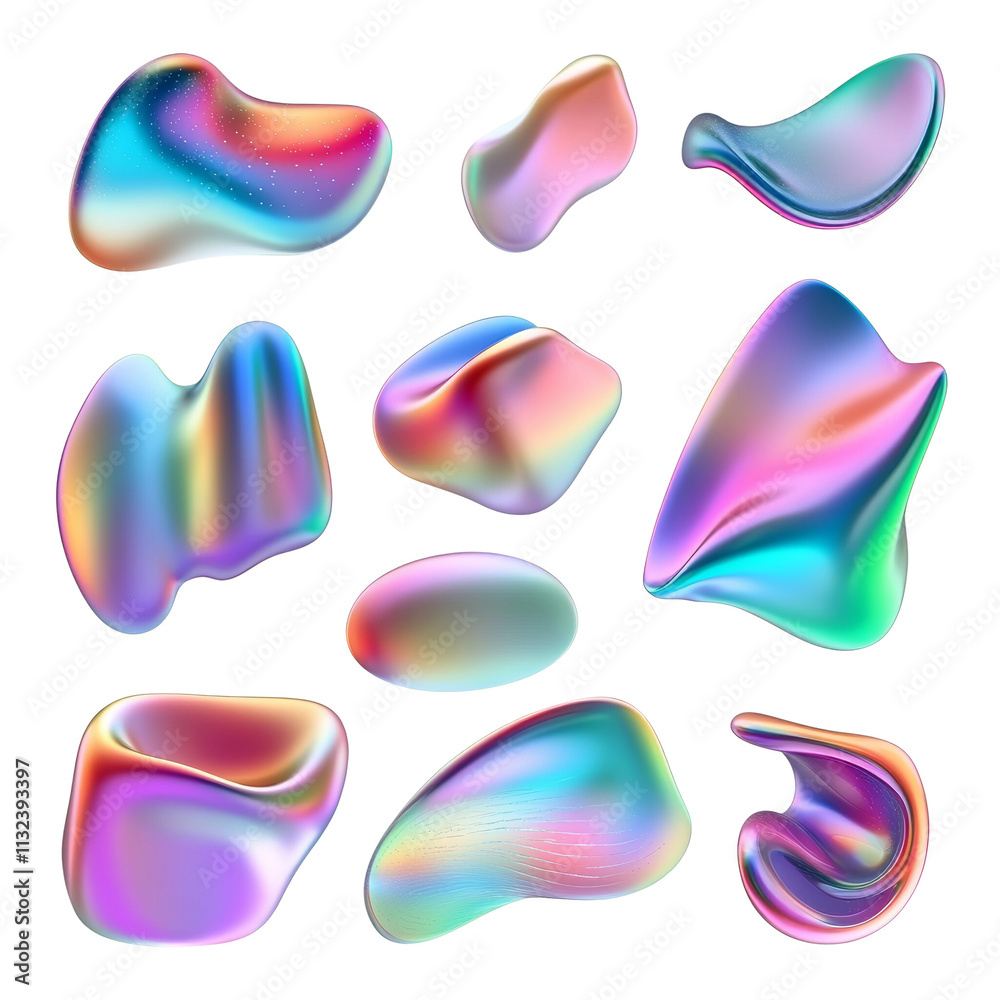 Poster 3D Set of Abstract Gradient Shapes with Holographic Fluid Effect on transparent Background