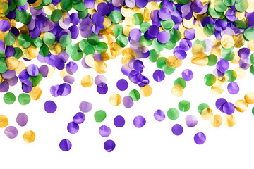 Purple, gold and green festive paper confettis isolated on transparent background. Mardi gras, carnival or birthday party overlay, happy new year celebration