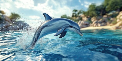Fototapeta premium Dolphin leaps gracefully, catching a small hoop before diving back into the water, showcasing the playful nature of the dolphin in its aquatic environment. Experience the excitement of the dolphin s