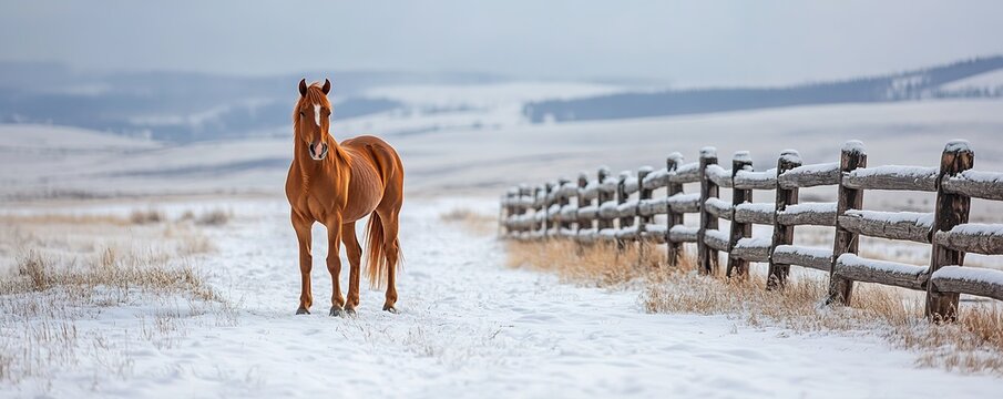 Lone chestnut horse in snowy field near wooden fence