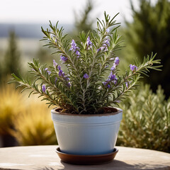 Fototapeta premium Kräuter - Rosmarintopf verleiht dem Garten mediterranes Flair