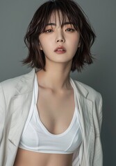 Fototapeta premium Portrait of a beautiful asian korean woman with a short hair in a grey suit. fashion model