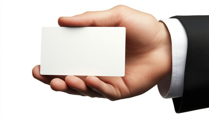 Obraz premium Business card held by a person in a suit, ready for networking or professional exchange. Generative AI