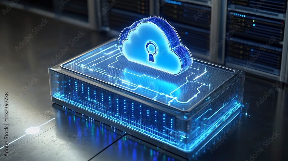 Poster A digital cloud symbol with a lock, representing secure data storage.