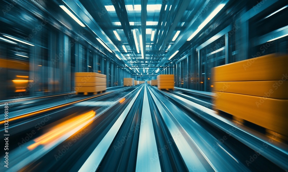 Aufkleber A dynamic view of a warehouse with moving pallets on conveyor tracks.