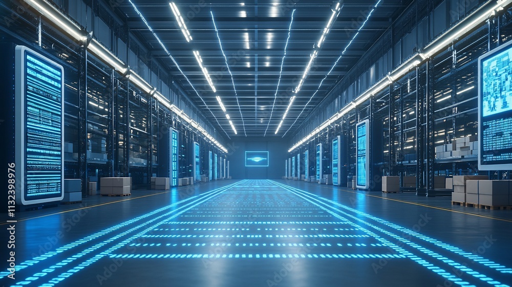 Poster A futuristic data center with illuminated server racks and a digital interface.