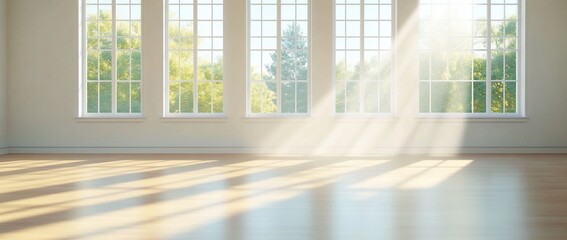 Fototapeta premium Bright, empty room with large windows and natural light.