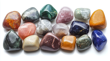 Naklejka premium Collection of colorful gemstones arranged neatly on a white background showcasing their unique shapes and textures. Generative AI