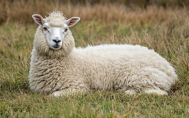 Fototapeta premium A fluffy white sheep lies in a grassy field, looking directly at the camera.