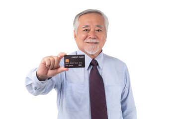 portrait of business man senior management , Asian senior man , old man with suit showing credit card for payment shopping online , paying by credit card online e-commerce telemarketing concept