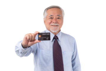 portrait of business man senior management , Asian senior man , old man with suit showing credit card for payment shopping online , paying by credit card online e-commerce telemarketing concept