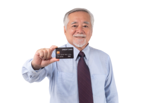 portrait of business man senior management , Asian senior man , old man with suit showing credit card for payment shopping online , paying by credit card online e-commerce telemarketing concept