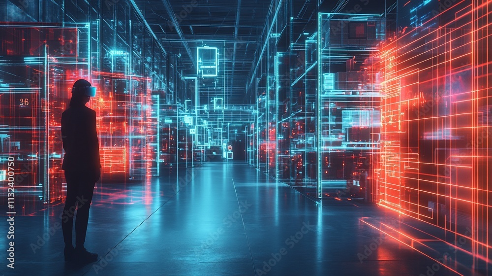 Poster a futuristic data center with vibrant blue and red digital elements.