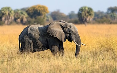 Majestic African elephant standing in tall savanna grass, under a clear sky.