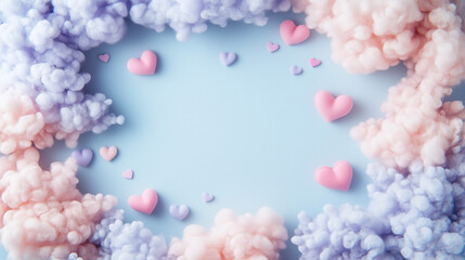 Obraz premium A dreamy border made of fluffy, soft clouds in pastel shades (baby pink, lavender, and soft blue), with small heart shapes floating around them. 