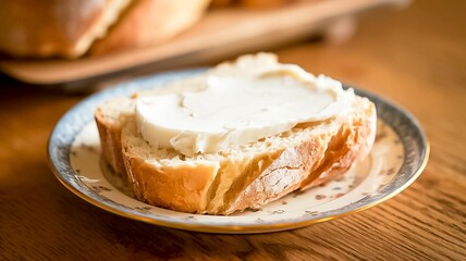 Minimalistic Food Photography  Slice of Bread with Butter on Plate for Simple Breakfast Scenes
