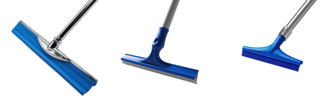 A sleek, multi-functional squeegee with a blue handle and rubber blade, designed for efficient cleaning and water removal.