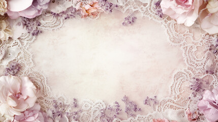 A romantic lace border in soft, pastel tones like blush pink, lavender, and ivory, creating a delicate, vintage feel. 