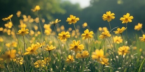 Fototapeta premium Vibrant yellow wildflowers create a stunning natural backdrop filled with yellow tones, perfect for showcasing the beauty of yellow wildflowers in a serene environment.