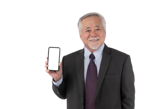 Asian senior man , old man with suit feel happy good health showing smart phone with blank screen , white screen isolated on a transparent background , Mock Up Image - Powered by Adobe