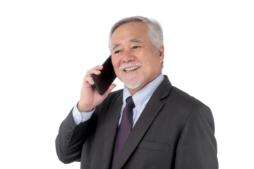 Asian senior businessman , old man using a smart phone , smiling feel happy isolated on a transparent background , concept for senior business success