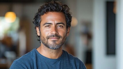 Obraz premium Confident man with curly hair and beard smiling indoors Generative AI