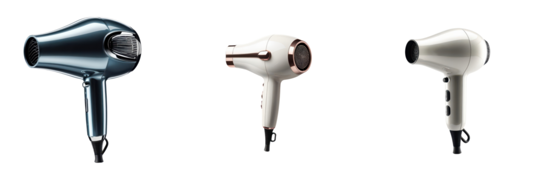 Three hair dryers in varying styles and colors, showcasing their sleek design and functional nozzles.