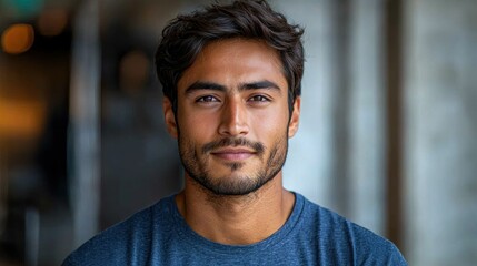 Obraz premium Young man with tousled hair and beard wearing a casual shirt in a softly lit indoor setting Generative AI