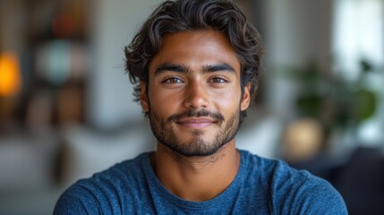 Obraz premium Young man with tousled hair and beard wearing a casual shirt in a softly lit indoor setting Generative AI