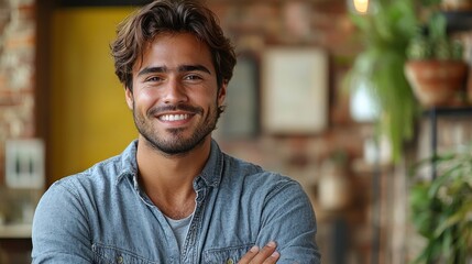 Obraz premium Smiling young man with wavy hair in a denim shirt standing confidently in a cozy indoor setting Generative AI