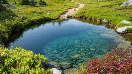 Fototapeta premium Serene Natural Landscape Featuring Clear Pond Surrounded by Vibrant Green Vegetation and Scenic Hiking Path Under Bright Blue Sky in Mountainous Region