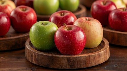 Freshly Harvested Apples Displayed on Wooden Plates in a Rustic Setting Perfect for Healthy Eating Promoting Organic Fruits and Sustainable Farming Practices