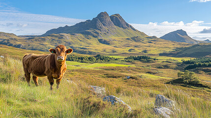 Cow grazing in a lush valley with mountains under clear blue sky during daylight hours. Generative AI