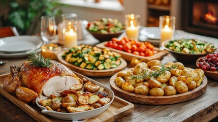 Obraz premium Festive Holiday Dinner Table Featuring Roasted Turkey, Assorted Vegetables, and Delicious Side Dishes Perfect for Celebrations and Family Gatherings