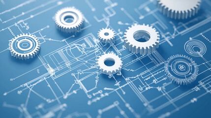 Precise Engineering: Intricate gears and blueprint details. A captivating image symbolizing precision, innovation, and the mechanics of complex systems.