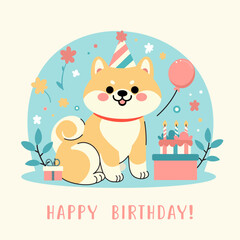 Vector Illustration of Cute Shiba Inu Dog Celebrating Birthday with Pastel Color Palette - Perfect for Greeting Cards, Invitations, and Party Decorations
