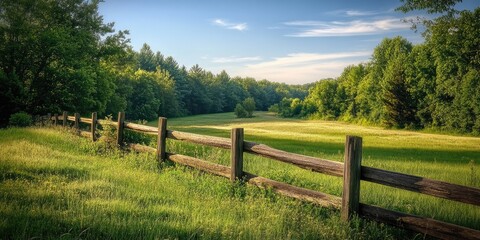 Fototapeta premium A wooden fence enhances the beauty of a serene landscape, creating a picturesque scene. The wooden fence blends harmoniously with the natural surroundings in this captivating landscape.