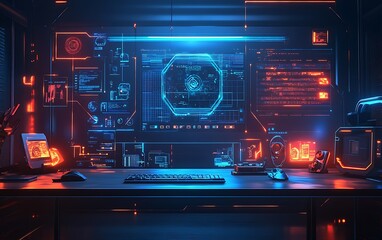 Obraz premium Futuristic tech workspace with glowing screens displaying data and code.