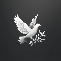 Fototapeta premium White dove carrying olive branch on dark background.
