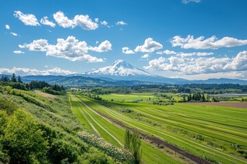 Naklejka premium Capturing the essence of spring breathtaking tulip fields in full bloom scenic landscape bright blue skies panoramic view of nature's beauty