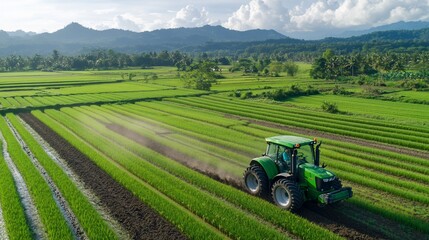A tractor plowing a green rice field under a cloudy sky.