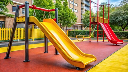 A vibrant playground featuring a yellow and red slide and a black swing, playground, vibrant, yellow, red, slide, black, swing