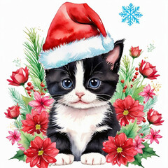 Cute Christmas tuxedo Kitten holding a heart in Santa Hat surrounded with flower and Floral Watercolor Background