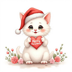 Playful white cute Kitten with a heart icon with Merry Christmas words in Santa Hat Forming a Heart with Flowers - Watercolor Christmas Artwork