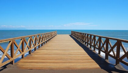 Fototapeta premium Wooden Boardwalk to Tranquility Picturesque Ocean Vista on a Sunny Day, Idyllic Tropical Getaway