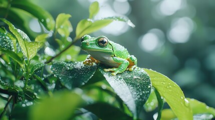 Obraz premium Vibrant green tree frog perched on leaf in blurred rainforest close-up nature photography for wildlife enthusiasts