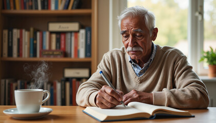 Elderly man writing in a cozy library surrounded by books on a peaceful afternoon