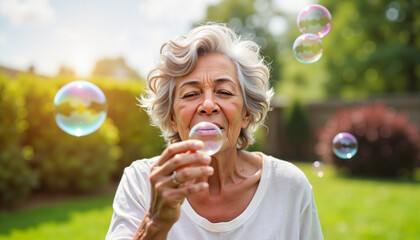 Fototapeta premium Joyful moments of an elderly woman creating colorful bubbles in a sunny garden on a beautiful afternoon