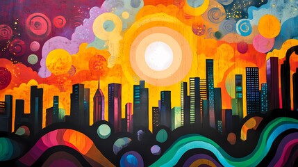 Obraz premium Vibrant Cityscape Sunset Mural: A Symphony of Color and Urban Dreams