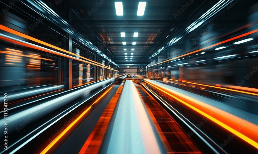 Poster abstract representation of dynamic industrial movement with light streaks.